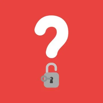 Vector icon concept of question mark with opened padlock with key on red back Stock Illustration