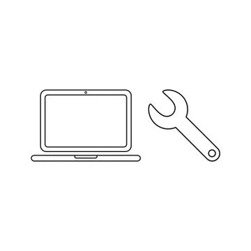 Vector icon concept of repair laptop computer with spanner. Black outline. Stock Illustration