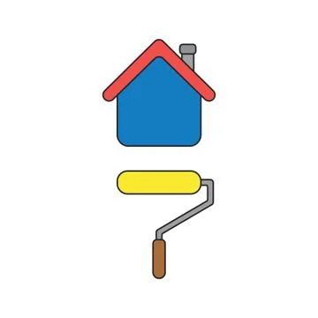 Vector icon concept of roller paint brush painting house. Black outlines and  Stock Illustration