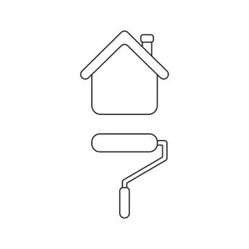 Vector icon concept of roller paint brush painting house. Black outline. Illustrazione stock