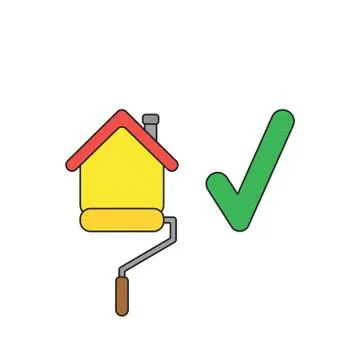 Vector icon concept of roller paint brush painting house with check mark. Bla Ilustración de archivo