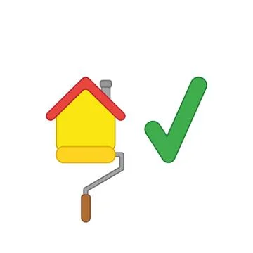 Vector icon concept of roller paint brush painting house with check mark. Ilustración de archivo