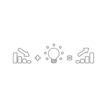 Vector icon concept of sales bar chart moving down plus glowing light bulb id Illustrazione stock