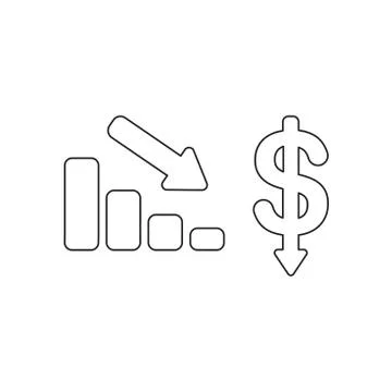 Vector icon concept of sales bar chart with arrow moving down and dollar mone Stock Illustration