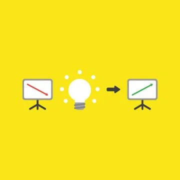 Vector icon concept of sales chart with arrow moving down, glowing light bulb Stock Illustration
