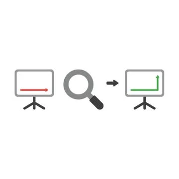 Vector icon concept of sales chart arrow moving down with magnifying glass an 스톡 일러스트