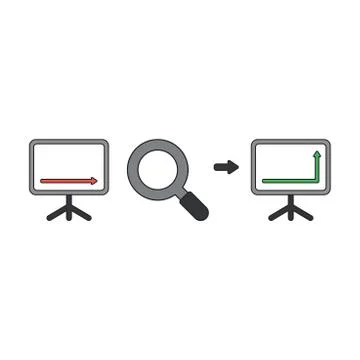 Vector icon concept of sales chart arrow moving down with magnifying glass an 스톡 일러스트