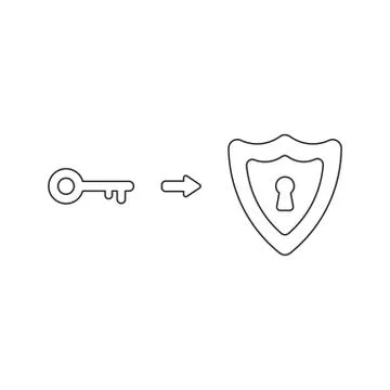 Vector icon concept of shield guard with keyhole and key. Black outline. Illustrazione stock