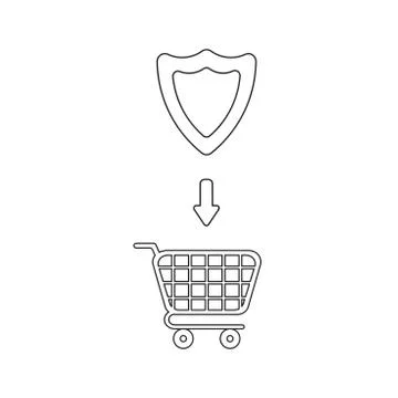 Vector icon concept of shield guard into shopping cart. Black outline. Stock Illustration