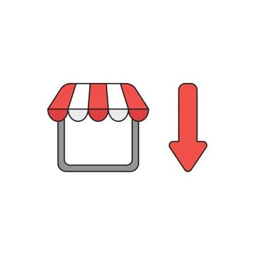 Vector icon concept of shop stpre with arrow moving down. Black outlines and  Stock Illustration