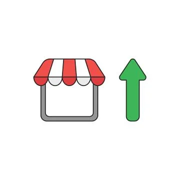 Vector icon concept of shop stpre with arrow moving up. Black outlines and co Stock Illustration