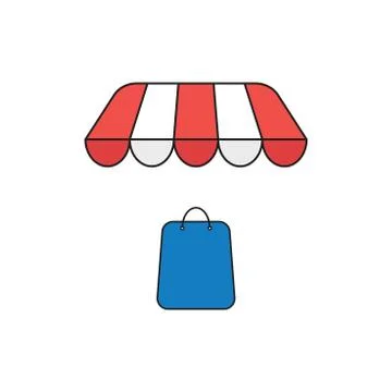 Vector icon concept of shopping bag under shop store. Black outlines and colo Stock Illustration