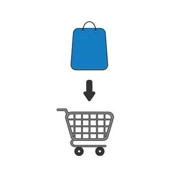 Vector icon concept of shopping bag inside shopping cart. Ilustración de archivo