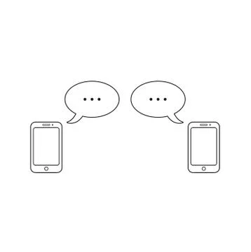 Vector icon concept of two smartphones with two speech bubbles. Black outline Illustrazione stock