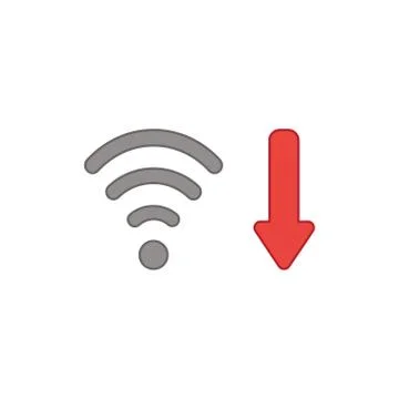 Vector icon concept of wifi wireless with arrow moving down symbolizing bad,  Stock Illustration