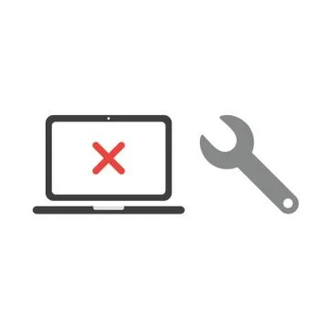 Vector icon concept of x mark inside laptop computer with spanner Stock Illustration
