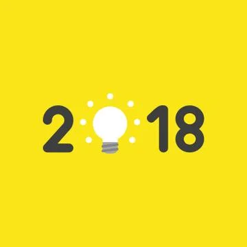 Vector icon concept of year of 2018 with glowing light bulb on yellow backgro Stock Illustration
