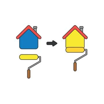 Vector icon concept of yellow roller paint brush painting house. Stock Illustration