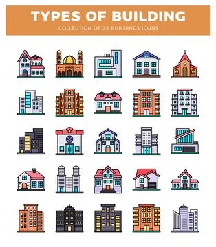 Vector icon diverse building types on white background. Ilustración de archivo