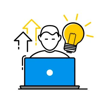 Vector icon, flat design of a freelancer with his laptop and a Light Bulb Stock-Illustration