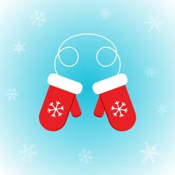 Vector icon of flat Santa Claus mittens with snowflakes on winter background. Stock Illustration