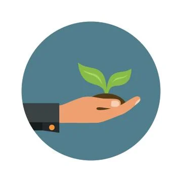 Vector icon of green sprout in a hand. Sign of environmental protection. Stock Illustration