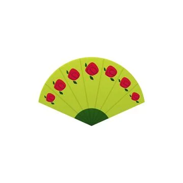 Vector icon of a green vintage handmade fan with painted roses with leaves. イラスト素材