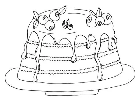 Vector icon of hand drawn pancakes. Baking sketch with syrup and blueberries Stock Illustration