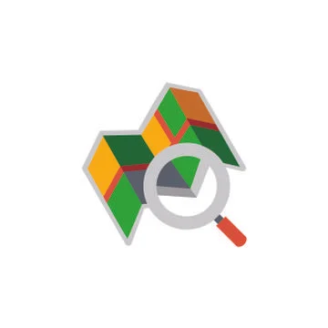 Vector icon illustration with map and magnifying glass in material design style Stock Illustration