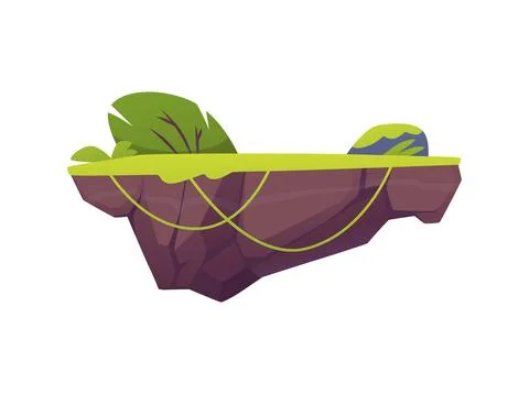 Vector icon with of an island with floating rocks and green grass and a bush Illustrazione stock