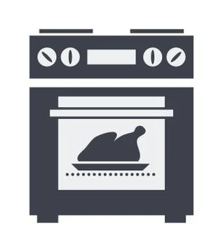 Vector icon of kitchen electric oven with grilled chicken or turkey inside Stock Illustration