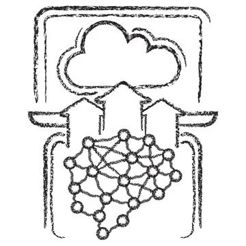 Vector icon of a laptop with cloud, rising arrows, and AI neural network brai Stock Illustration