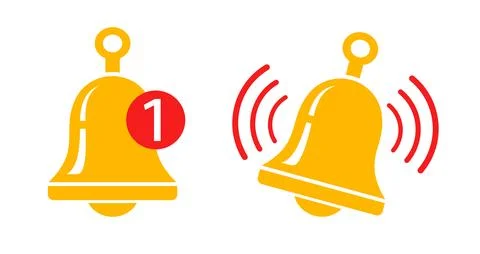 Vector icon of metallic bell in flat style. Vector ringing bell for alarm c.. Stock Illustration