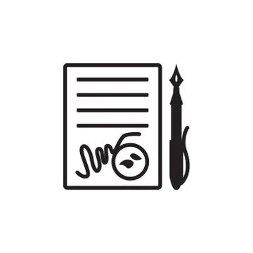 Vector icon or illustration with contract and pen in black color Stock Illustration