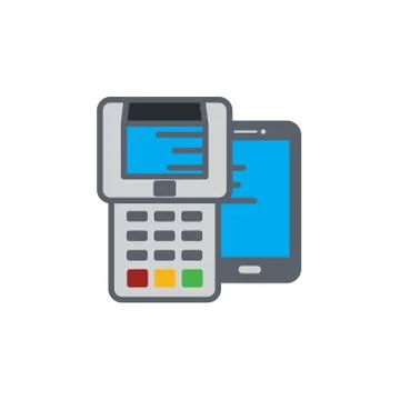 Vector icon or illustration with pay terminal and smart phone in outline style Stock Illustration