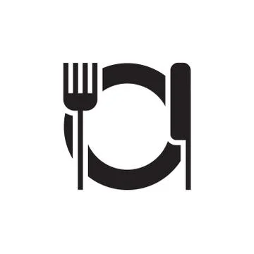 Vector icon or illustration showing plate, knife and fork in one color Stock Illustration