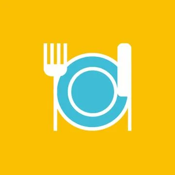 Vector icon or illustration showing plate, knife and fork in outline style Stock Illustration