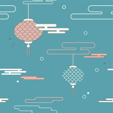 Vector icon in oriental flat style. Japanese, chinese lanterns and clouds Ilustração Stock