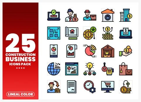 Vector icon pack for construction business services and analytics. 库存插图
