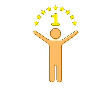 Vector icon of a person figure celebrating victory with a circle of yellow st Stock Illustration