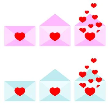 Vector icon of pink and blue romantic opened and closed envelopes set. Stock Illustration