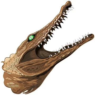 Vector icon of a portrait of a brown alligator with open jaws and green eye on Stock Illustration