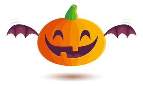 Vector icon of pumpkin with bat wings in kawaii style for Halloween. Stock Illustration