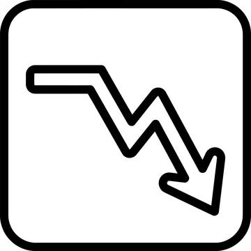 Vector icon representing a downward trending jagged arrow graph within a sq.. Ilustración de archivo