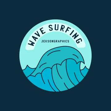 Vector icon of round shaped sticker with sea wave. Print logo on blue background Stock Illustration
