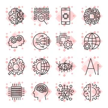 Vector icon set for artificial intelligence (AI) concept. Various symbols for 스톡 일러스트