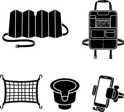 Vector icon set of car accessories including organizer, sunshade, net, cup .. Illustration