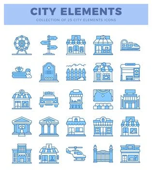 Vector icon set City elements. icons. blue on white Stock Illustration