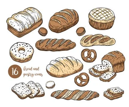Vector icon set collection of illustrations of bread baking loaf baguette Stock Illustration