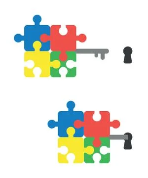 Vector icon set of connected puzzle pieces key and keyhole. Stock Illustration